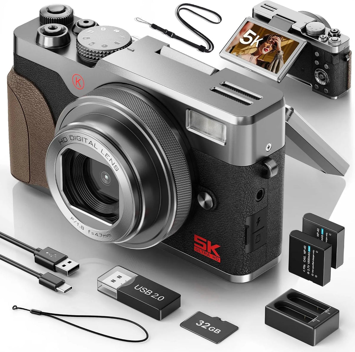 Appareil photo 64MP 18x 64GB NBD, Écran IPS 3' Orientable 180°, Design Rétro Élégant, finition argentéeé, Numérique 5K avec Autofocus, Zoom Numérique