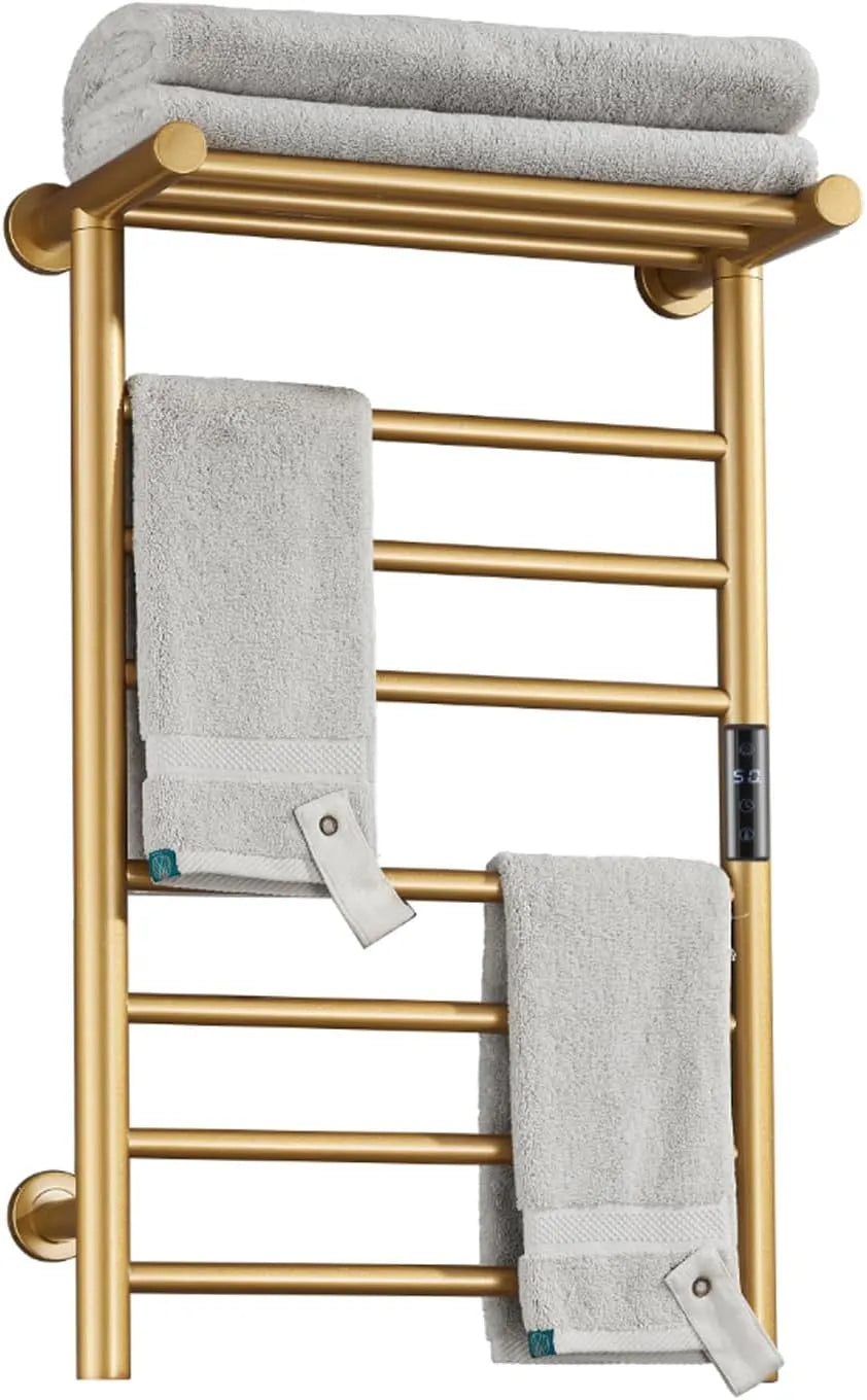 Sèche-serviettes, Égouttoir Mural 7 Barres en Acier Inoxydable minuterie intégrée et étagère supérieure, Intelligent en Fibre de Carbone doré