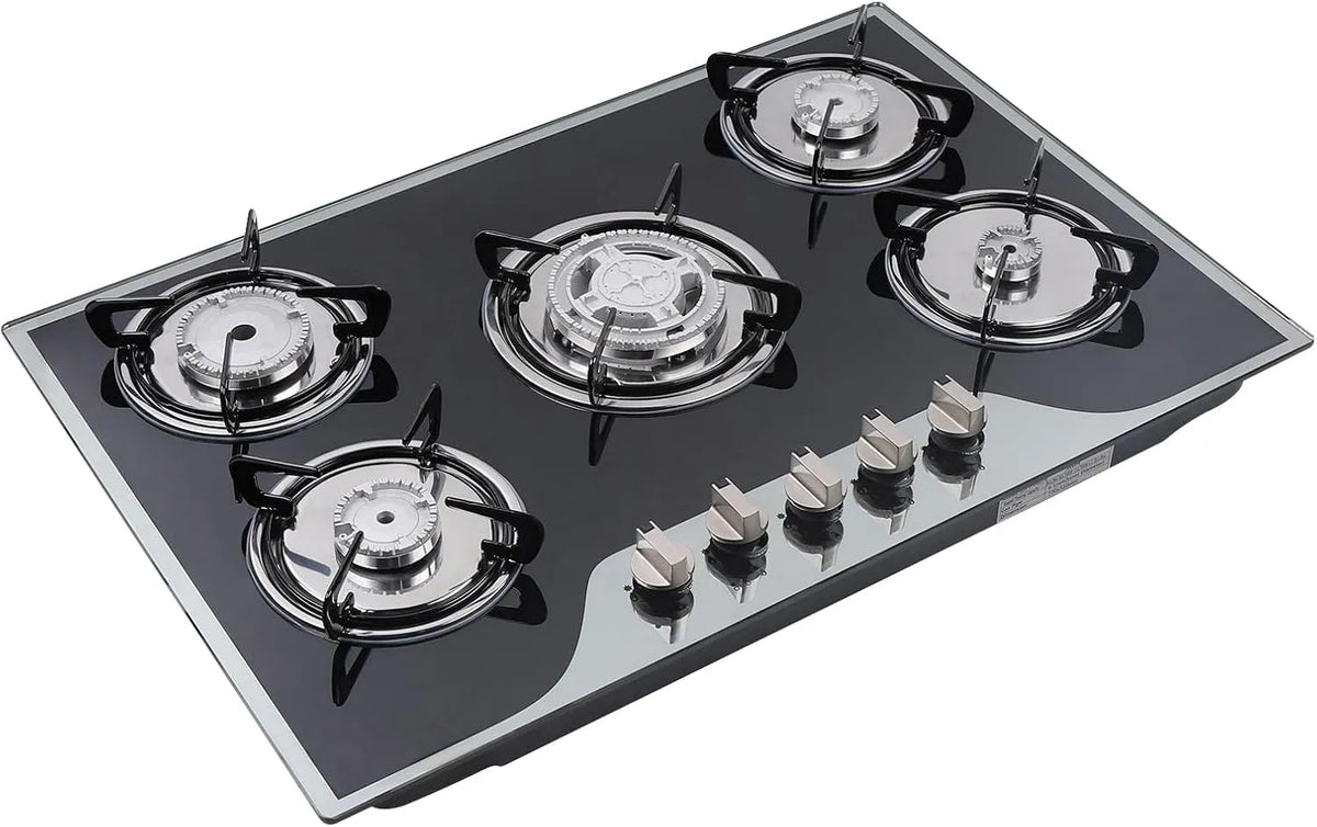 Plaque de cuisson, de cuisson à gaz à 5 flammes pour gaz propane et gaz naturel, En verre trempé, Pour camping, cuisine