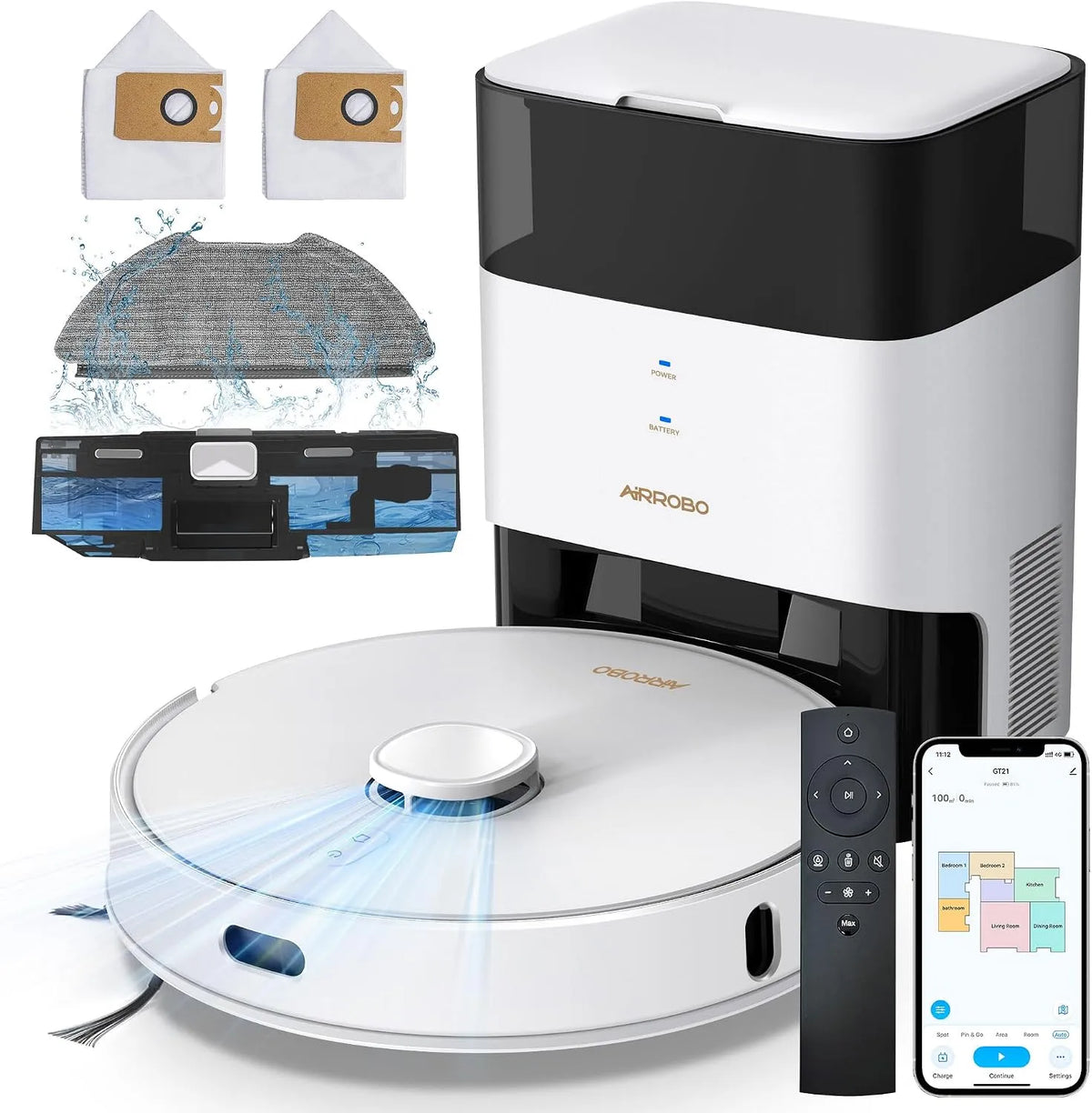 Aspirateur AIRROBO Robot, Laveur avec Station, capacité 3.5L Automatique Poussièr, Autonomie 180 Minutes, évitement d'obstacles, WiFi, App Contrôle