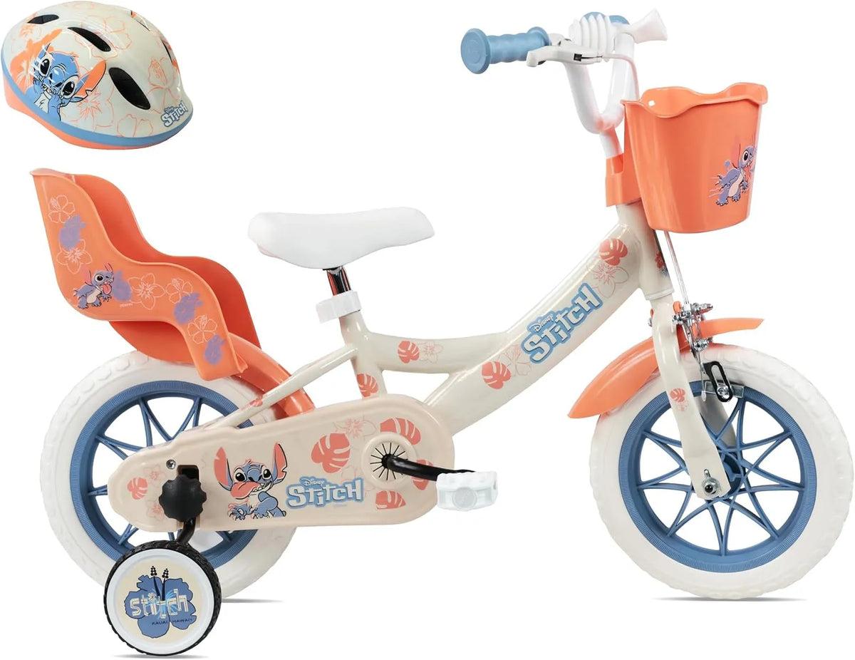 Vélo, Enfant 12' Stitch de Disney avec Casque Stitch Inclus équipé de 1 Frein, Casque moto, Panier Avant, Porte poupée arrière, Garde boues