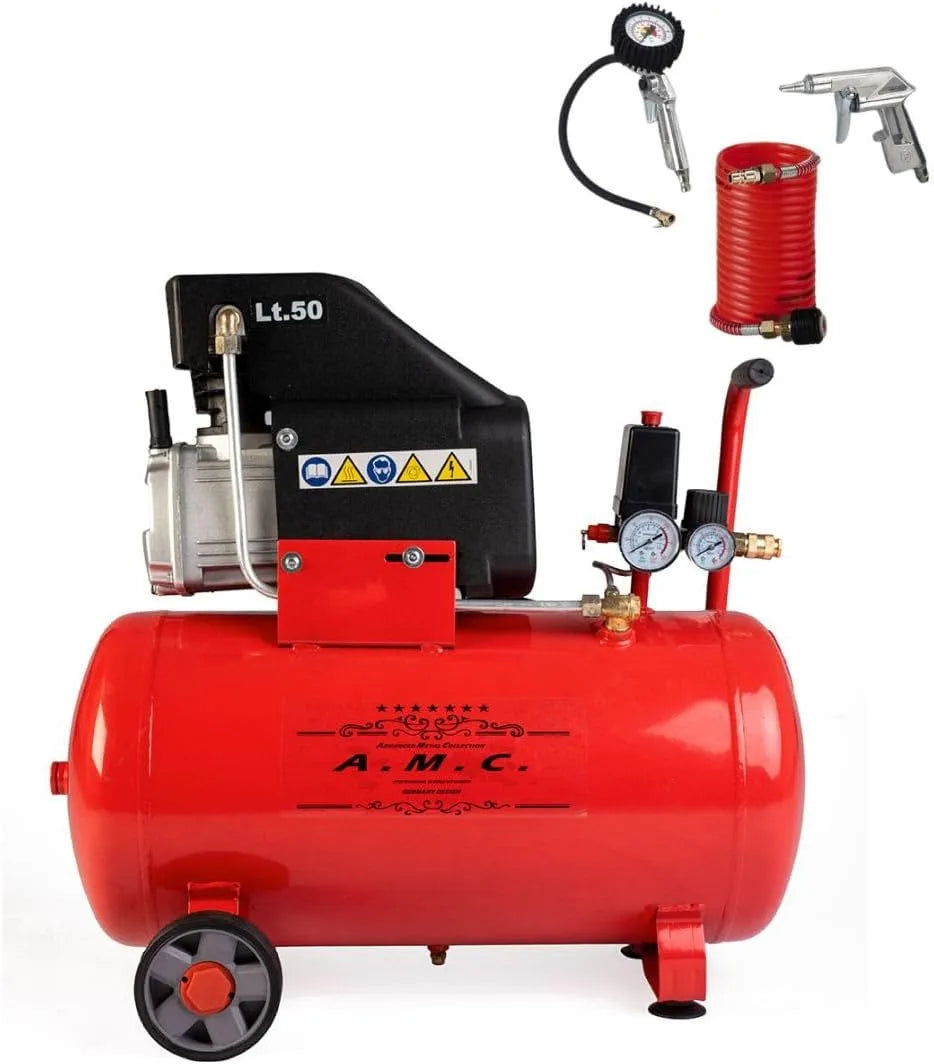HP compresseur, AMC d'air de 50 litres pression 8 bar électrique coaxial 2 gain de place, moteur puissant thermiquement protégé