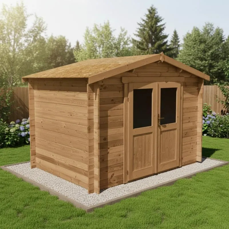 Abri de jardin, Toiture OSB 3, Traitement Insecticide et Fongicide Classe III, Marron, Bois Massif 6m², dimensions 298x198cm, Double Porte Semi-Vitré