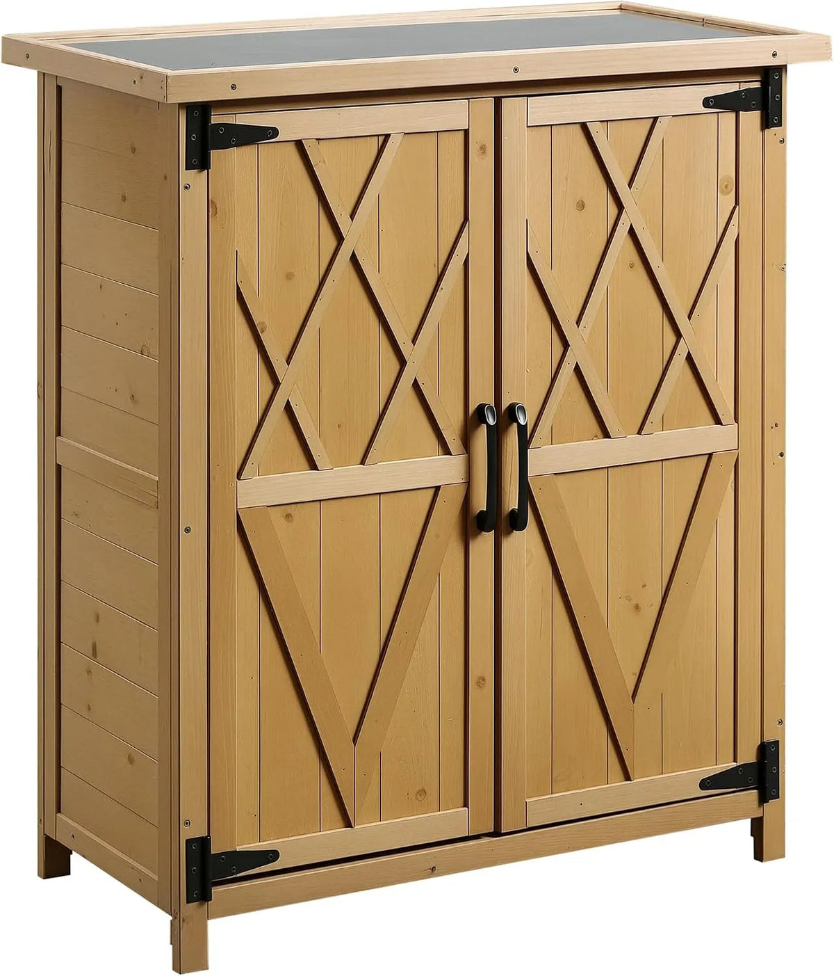 Abri de jardin Outsunny 90H, Armoire de Jardin pour Outils 75L x 40l x cm 3 étagères 2 Portes Toit en Asphalte imperméable Bois de Sapin Jaune