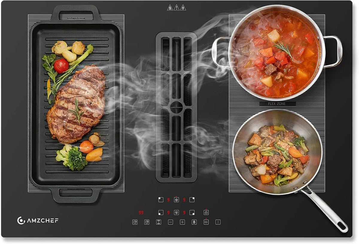 Plaque de cuisson Hob2Hood AMZCHEF, Hotte Intégrée 650m³, de Cuisson Aspirante Induction 2-en-1, 4 Zones 7200W, 650m³/h, Encastrable 77cm, Fonction