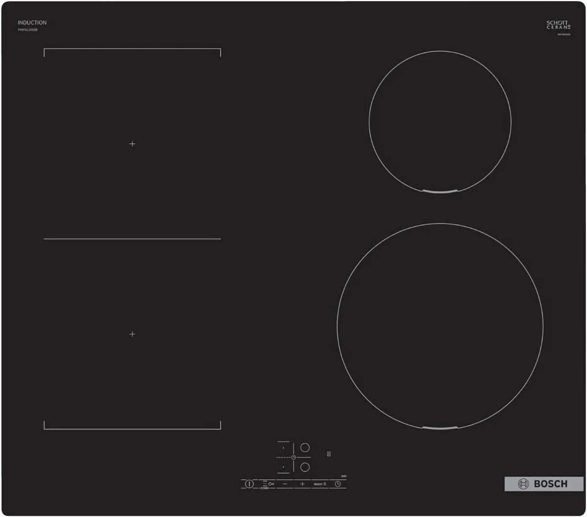 Bosch plaque de cuisson PWP611BB5B, 60 cm de large, PowerBoost et minuterie, finition noire, Série 4 de cuisson à induction avec TouchSelect, intégré