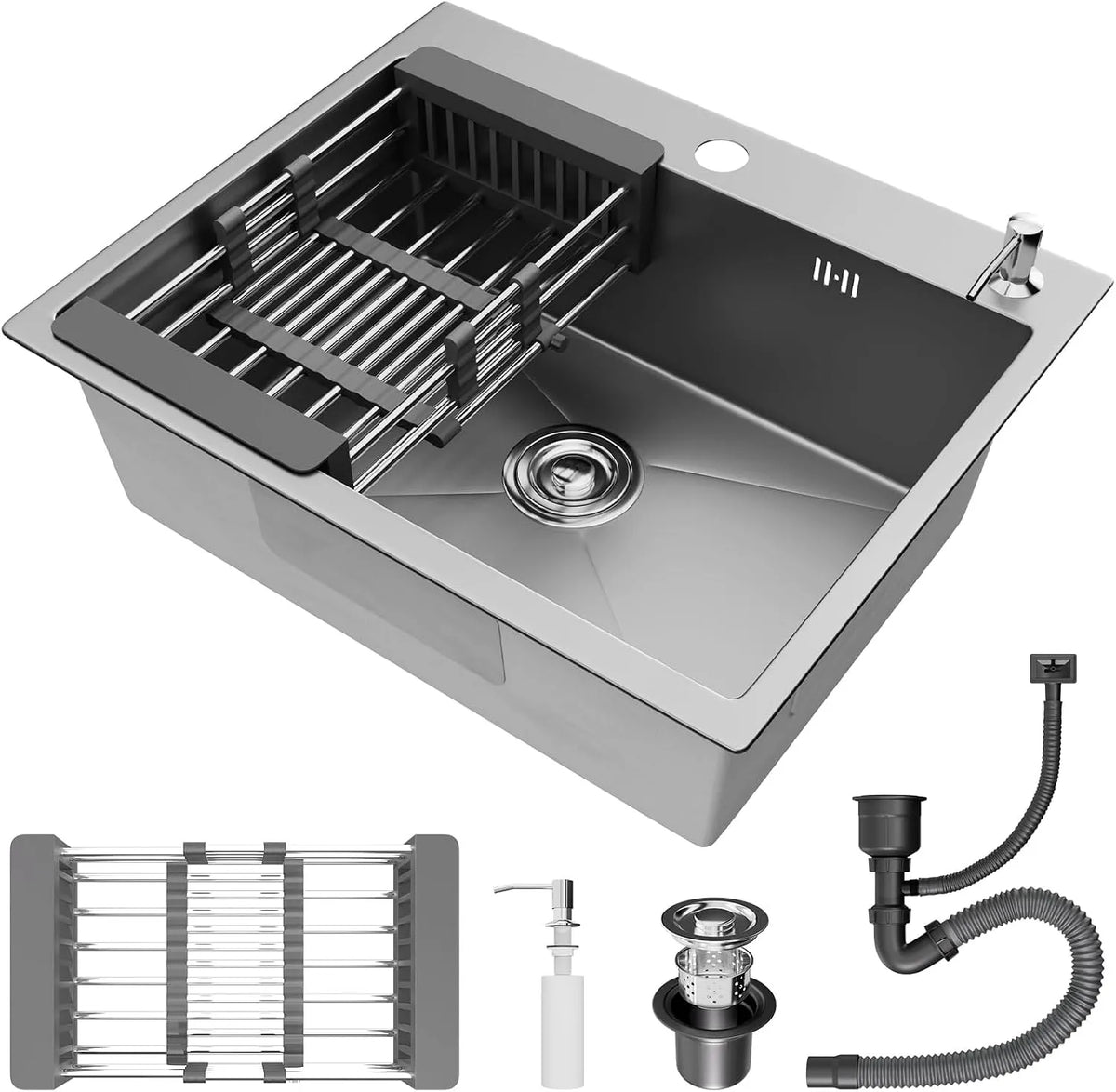 Cuisine 1 Bac 55 x STANEW Évier, petit Évier Inox Cuisine inclus avec, Trous pour Robinets et Distributeur de Savon et panier télescopique