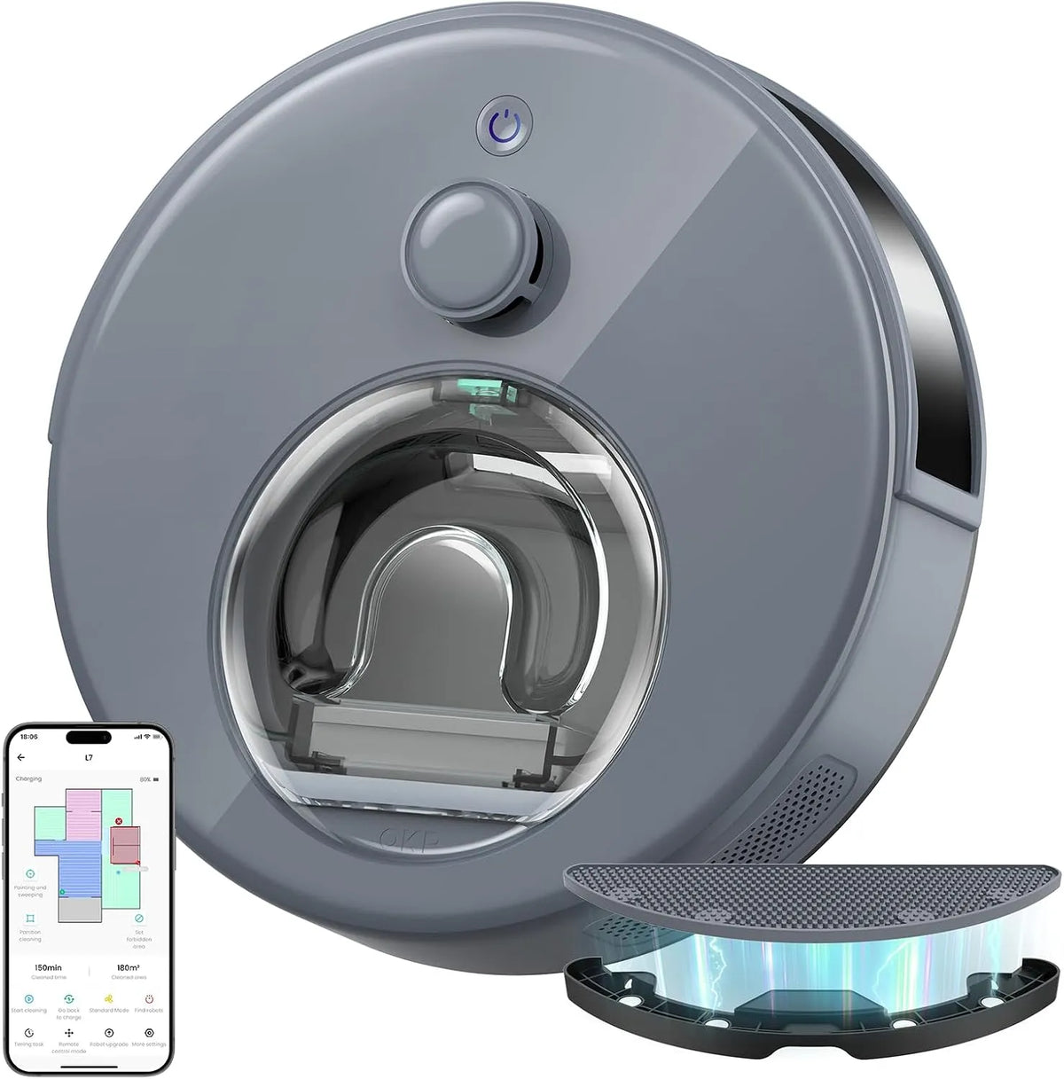 Aspirateur robot, OKP L7, 6000Pa, Autonomie 150 Minutes, Navigation Laser dToF, Évitement d'obstacles PSD, Détection des Tapis, Contrôle WiFi, App